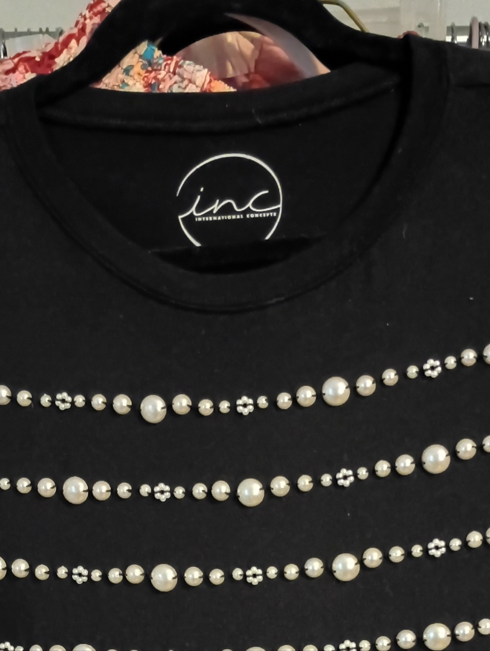 INC International Concepts Black Tee with Pearl & Rhinestone Stripes